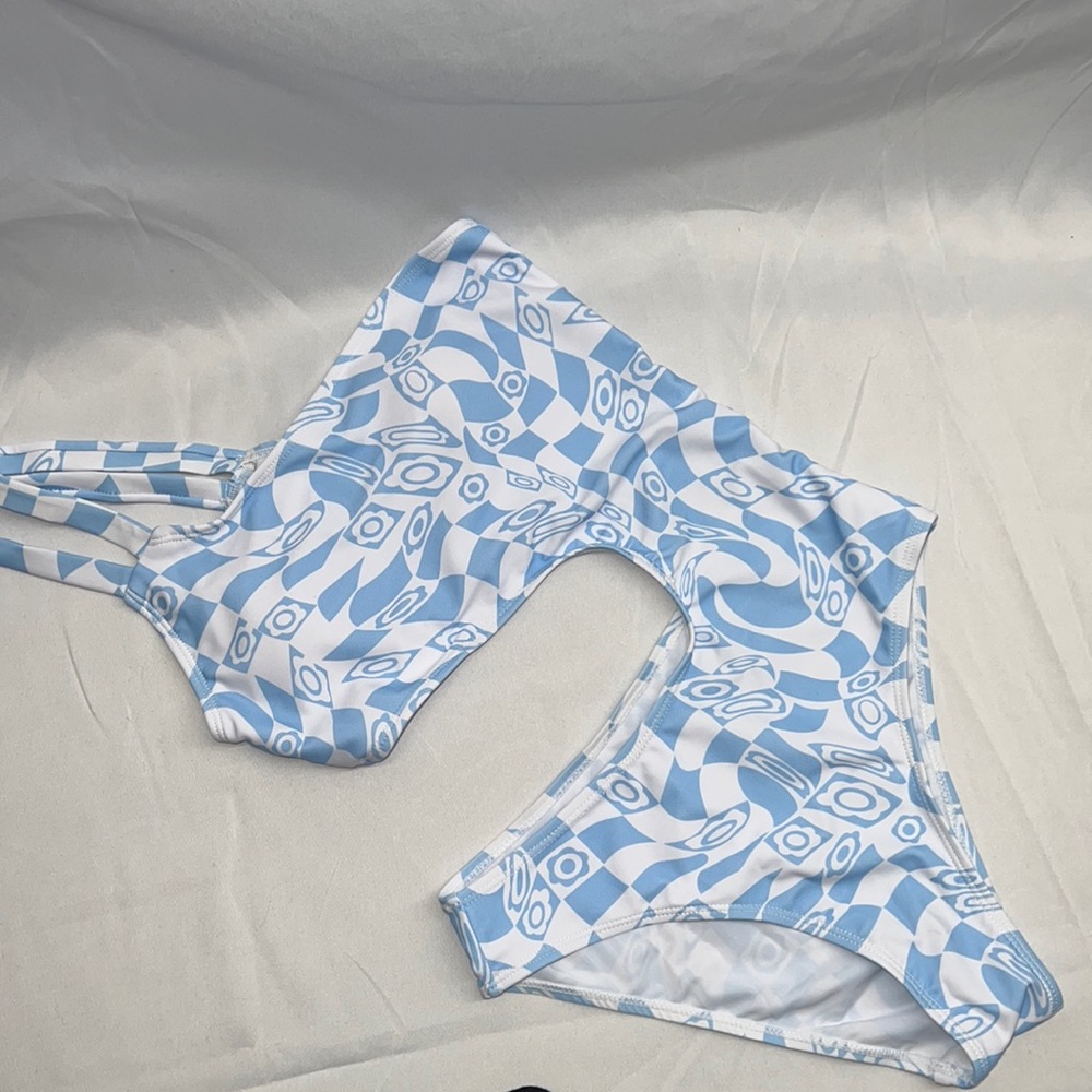 NWOT - SHEIN Blue & White Psychedelic Graphic Cutout One Piece Swimsuit XS